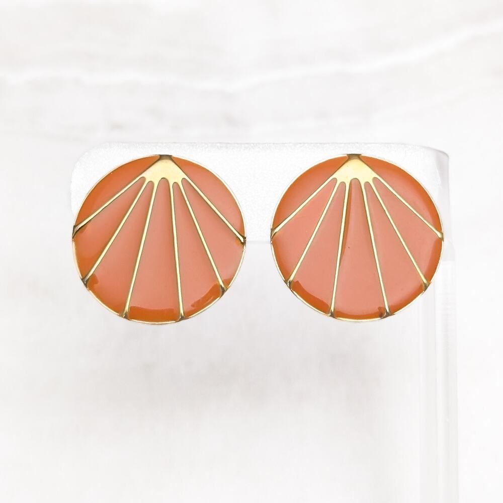 Vintage Clip On Earrings Retro Circle Orange & Gold Tone Stylish Statement Large